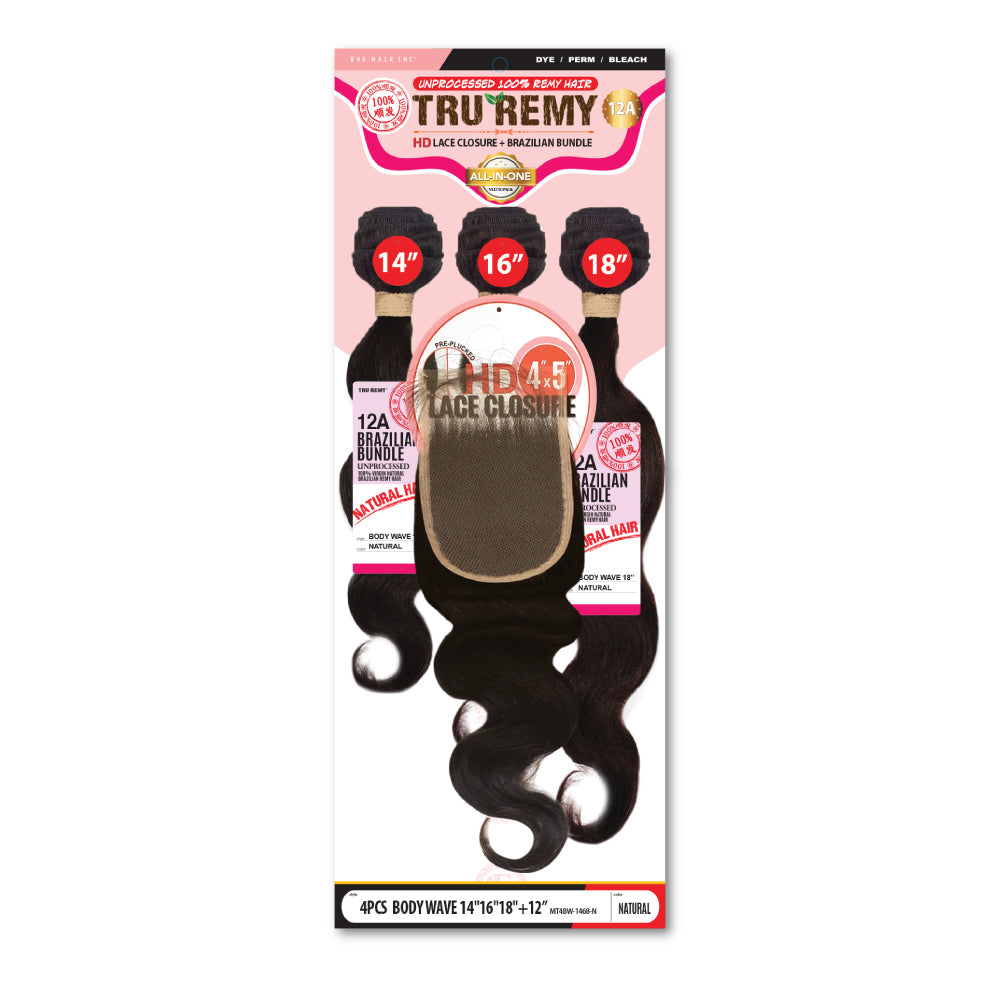 Eve Hair Tru Remy 12A Body Wave Brazilian 4x5 Lace Closure +3PCS Bundle Hair - Beauty Bar & Supply