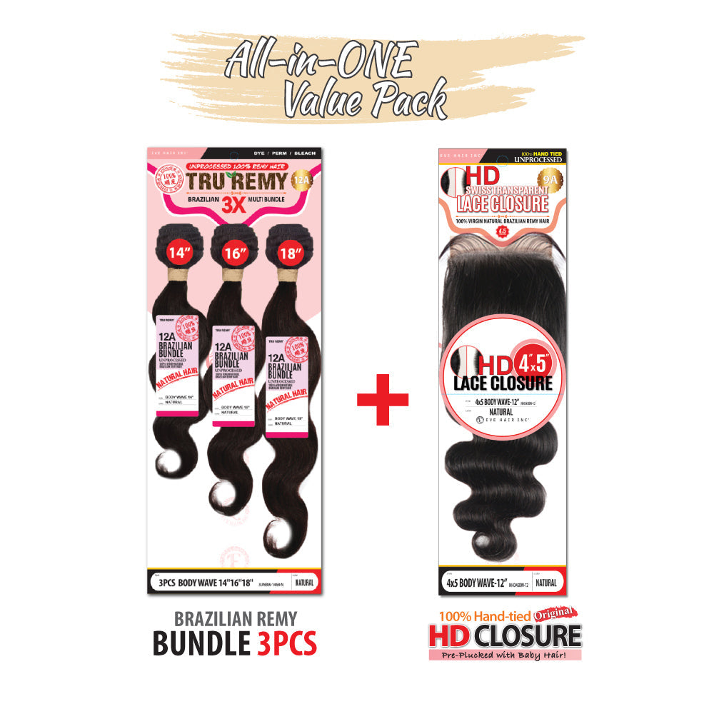 Eve Hair Tru Remy 12A Body Wave Brazilian 4x5 Lace Closure +3PCS Bundle Hair - Beauty Bar & Supply