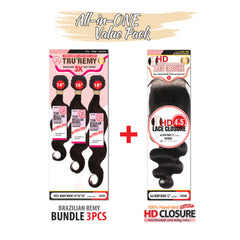 Eve Hair Tru Remy 12A Body Wave Brazilian 4x5 Lace Closure +3PCS Bundle Hair - Beauty Bar & Supply