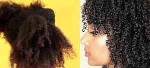 Two side by side pictures of a woman's side profile with dry hair on the left and moisturized hair on the right; against a yellow background. 