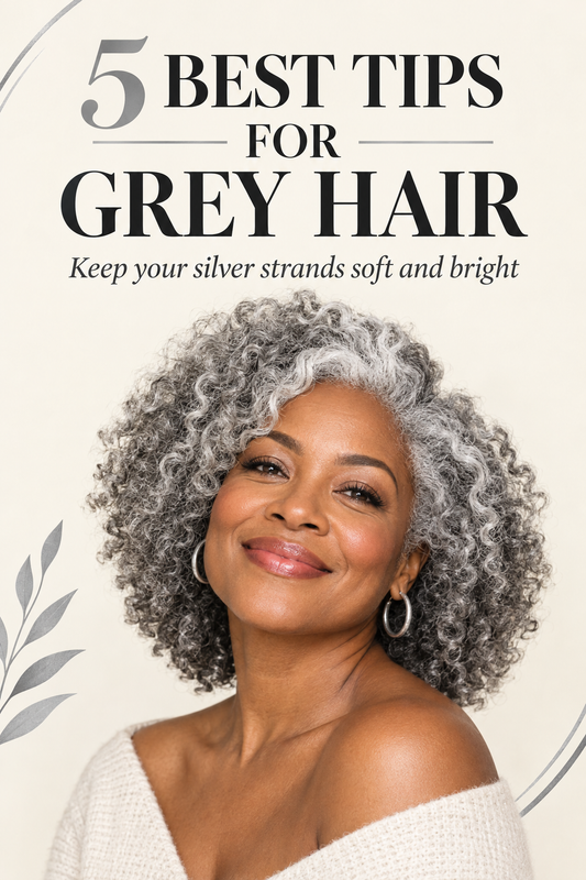 Black woman with naturally grey curly hair, Pinterest graphic with five tips for caring for grey hair