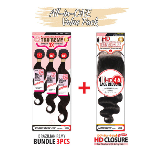 Eve Hair Tru Remy 12A  Body Wave Brazilian 4x5 Lace Closure +3PCS Bundle Hair - Beauty Bar & Supply