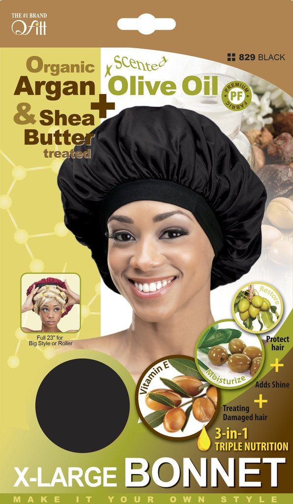 Qfitt Organic Argan &amp; Shea Butter Olive Oil Scented X-Large Bonnet Black #829 - Beauty Bar & Supply